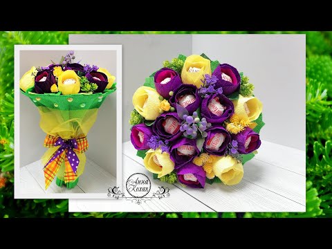 DIY💐DETALIZĒTU meistarklasi par to, kā izgatavot PUŠĶIS NO KONFEKTĒM Raffaello💐PADOMI montāža krāsas