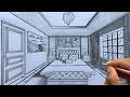 How to Draw a Bedroom using 1-Point Perspective Step-by-step