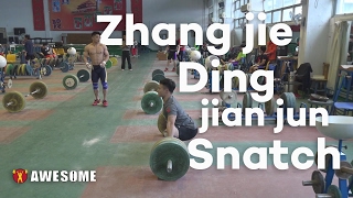 Chinese men weightlifting team  Zhang Jie and Ding Jian jun  training snatch.