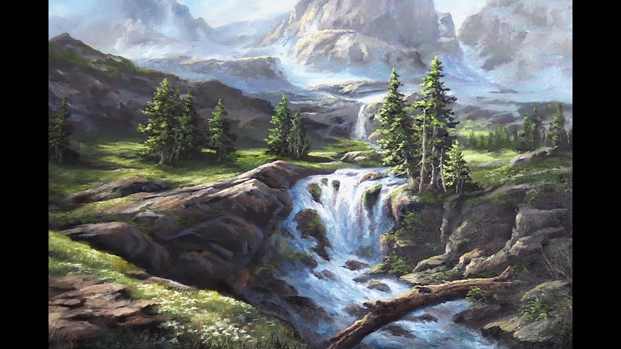 Sunlit Mountain Waterfall  Oil Painting Landscape Demo 