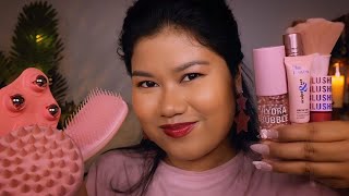 ASMR Quietly Doing Your Pink Makeup & Skincare 🩷 | Head to Shoulder Massage, Layered Sounds, Tapping screenshot 5