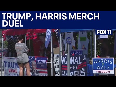 Dueling merch stands for Donald Trump, Kamala Harris share Orange County corner