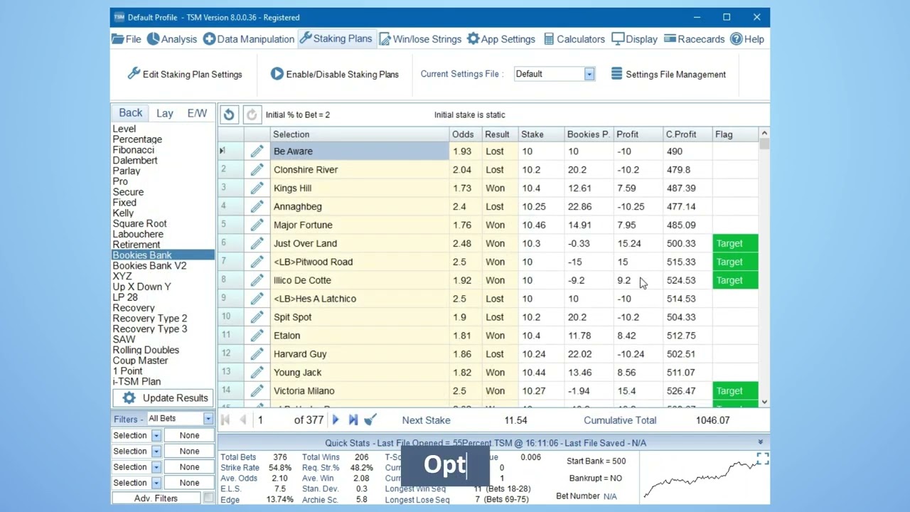 Bookies Bank Staking Plan Settings in TSM