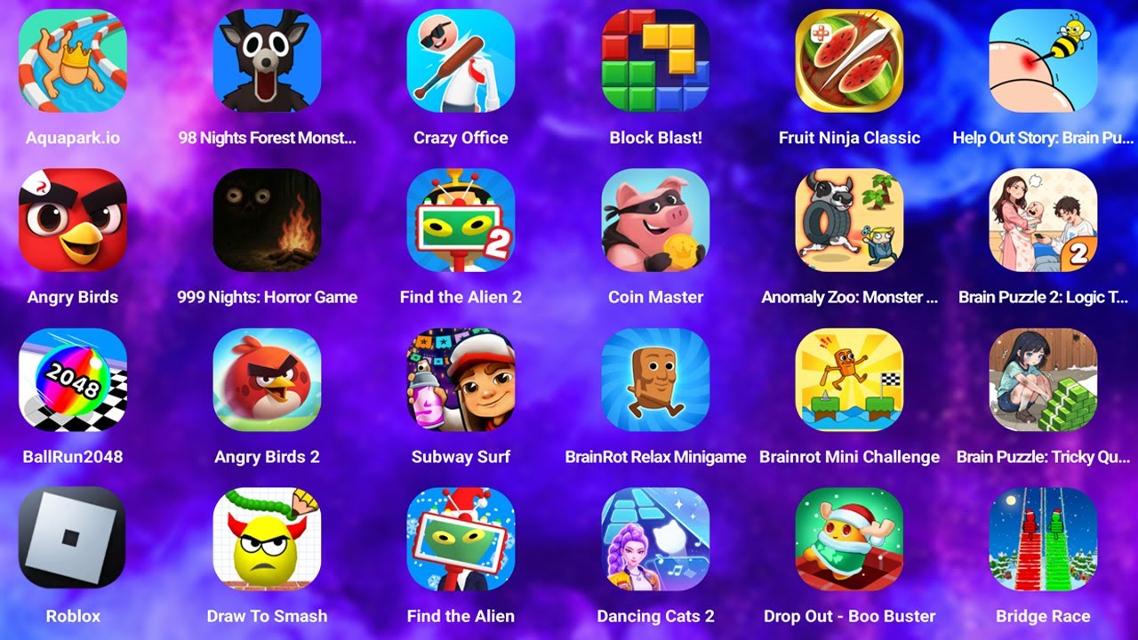 Roblox,Find the Alien 2,Subway Surfers,Ball Run 2048,Angry Birds,Find the Alien,Draw To Smash,