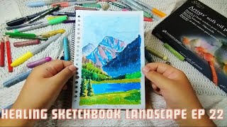 Healing sketchbook tour oil pastel landscape painting ep 22