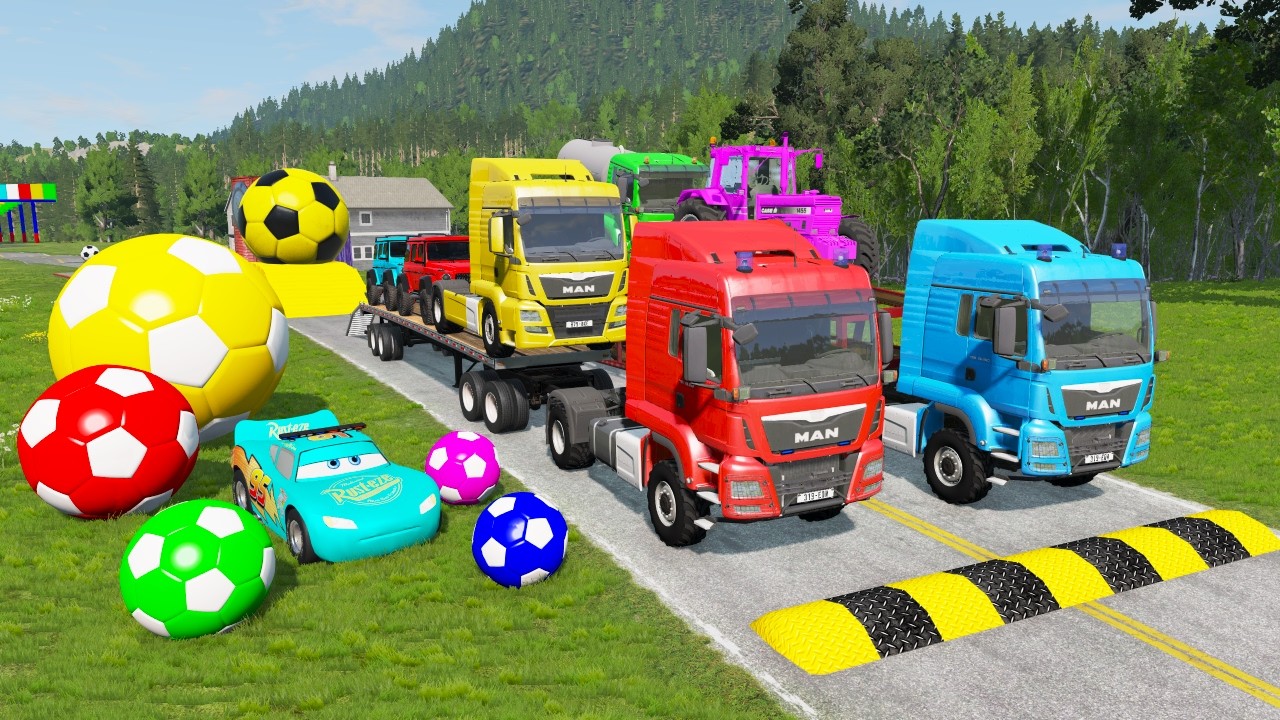 Flatbed Trailer McQueen Transportation with Truck - Speedbumps vs Cars vs Train - BeamNG.Drive #1
