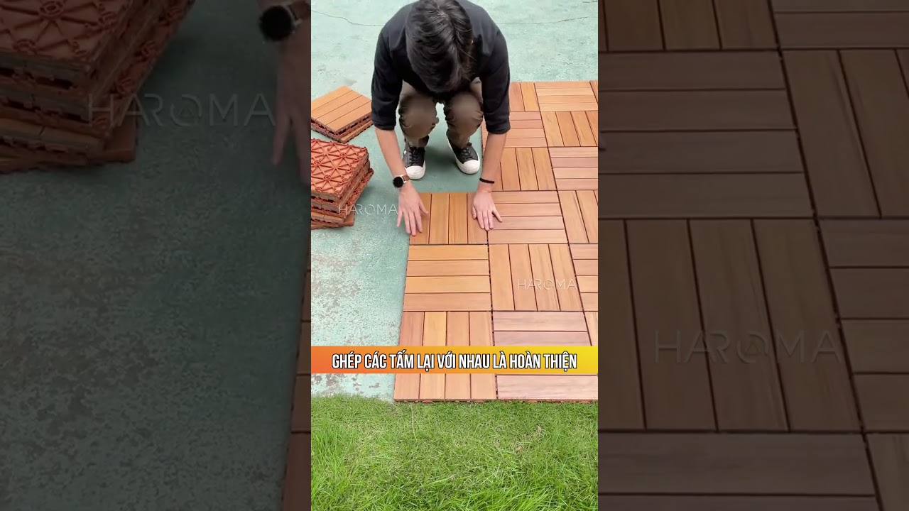 Thi công vỉ sàn gỗ nhựa ngoài trời cải tạo sân vườn đẹp | vỉ sàn nhựa giả gỗ | Haroma