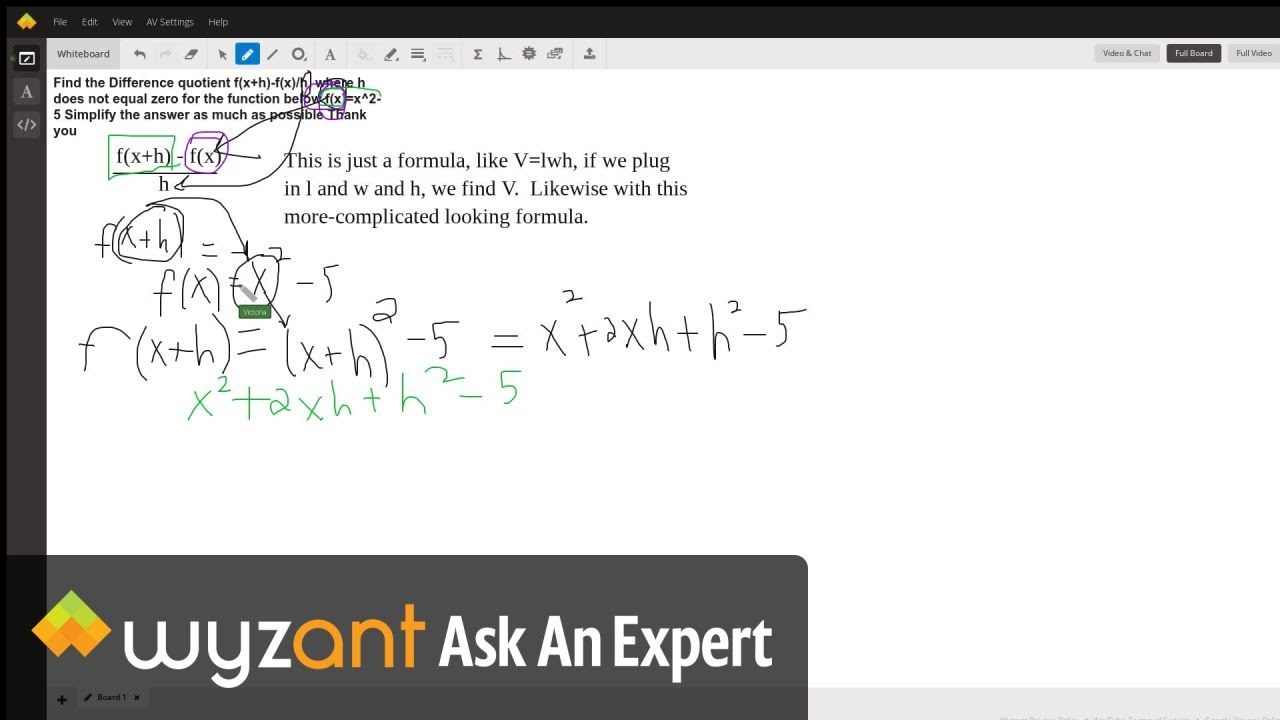 Find The Difference Quotient F X H F X H Where H Does Not Equal Zero For The Function Below F X X 2 5 Simplify The Answer As Much As Possible Thank You Wyzant Ask An Expert