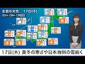 明日17日(木)の天気　寒気のピーク越えるも真冬の寒さや日本海側の雪は続く