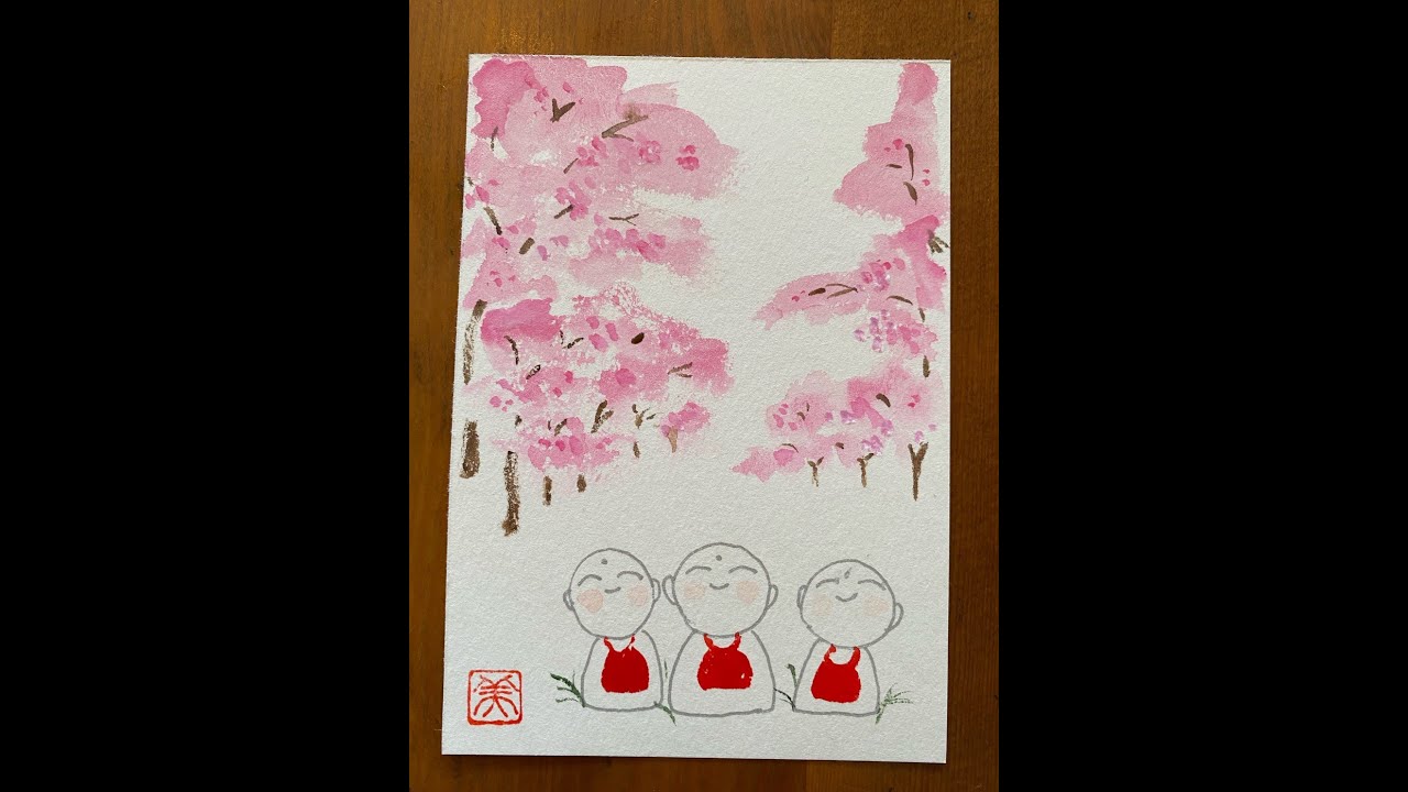 誰でも描けるハガキ絵💕【お地蔵様と桜の木】手書き・初心者・水彩画