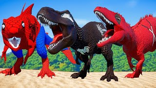 Venom Watches as Spiderman Transforms into Giganotosaurus to T-Rex Against Batman : Dinosaur Battle!