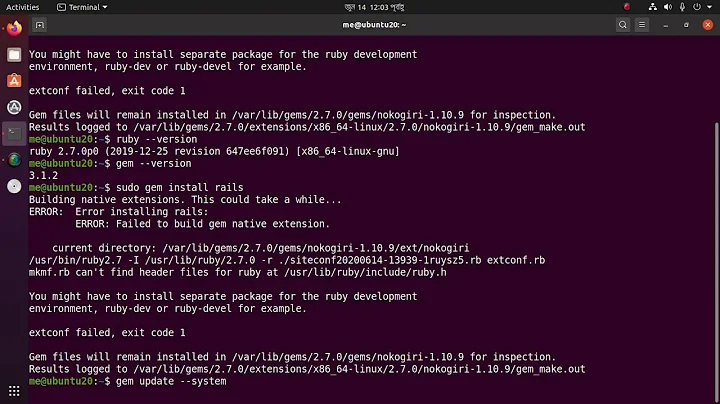 How to fix issue "Error installing rails:Failed to build gem native extension. can't find header
