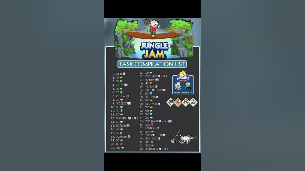 Monopoly go ! Jungle jam task compilation list YouTube