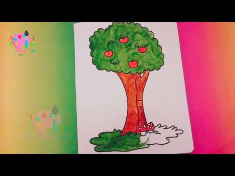 Coloring the apple tree in living nature. Drawing For Kids  تلوين شجرة  التفاح . الرسم للأطفال