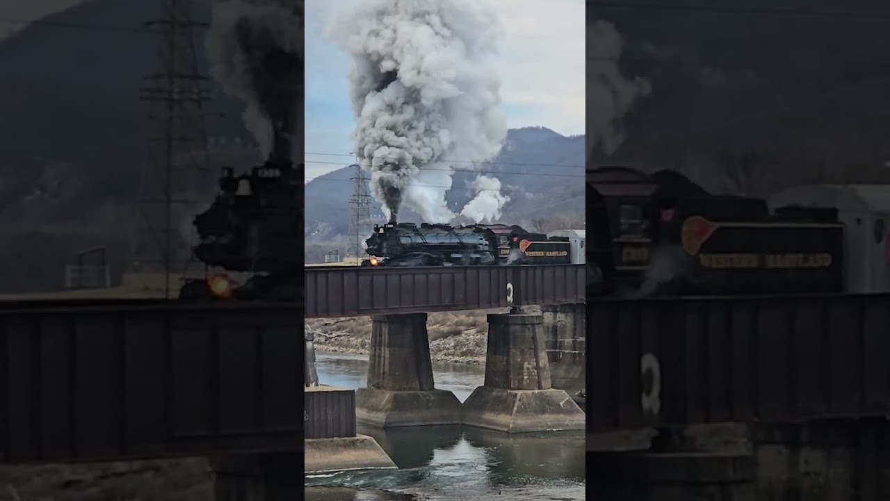 Western Maryland 1309 mallet type steam locomotive crossing the Western Maryland railroad bridge, 26