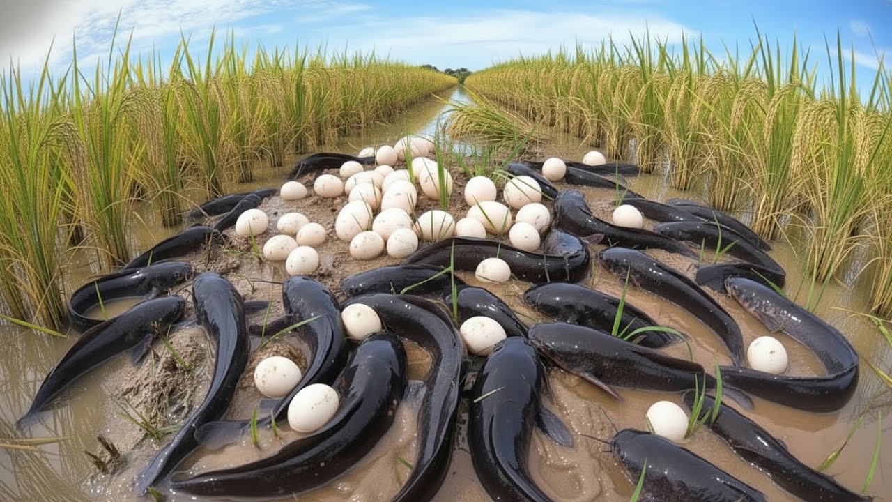 Best hand fishing technique- a fisherman’s hand skill catch a of fish at field 