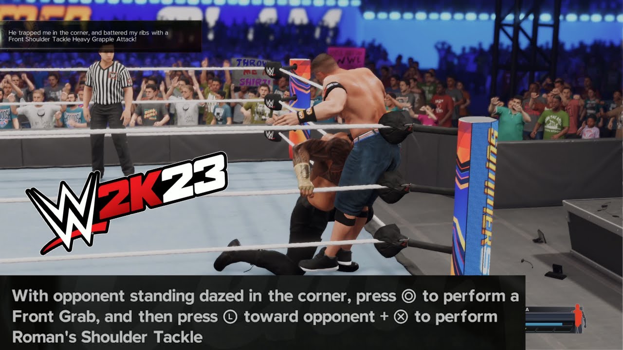 WWE 2K23 Show Case :Roman Reigns Front Shoulder Tackle heavy Grapple attack  to John Cena 