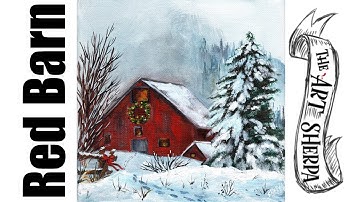 Red Winter Barn landscape  acrylic painting tutorial step by step | TheArtSherpa