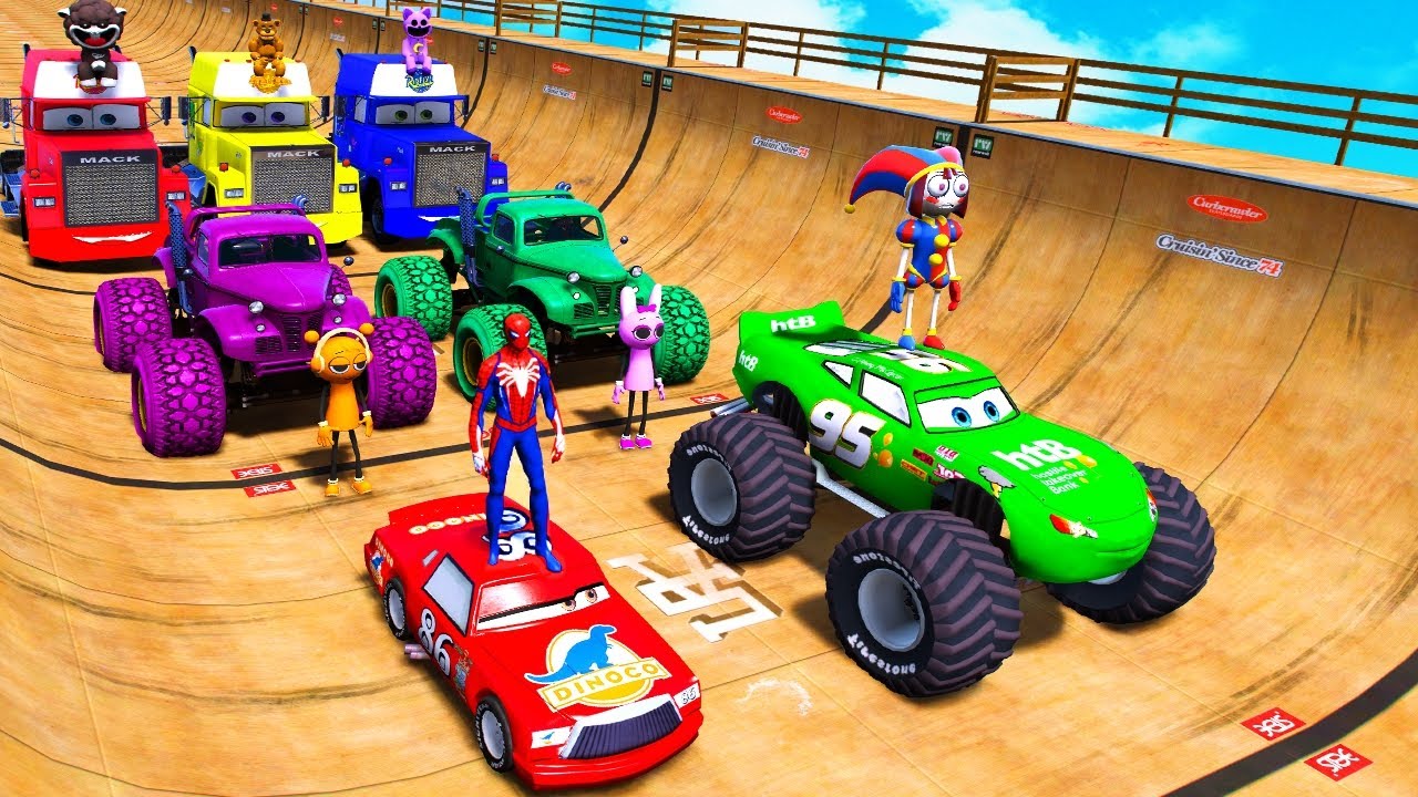 GTAV SPIDER-VERS: FNAF, THE AMAZING DIGITAL CIRCUS, POPPY PLAYTIME Join in Epic Stunt Race MEGA RAMP