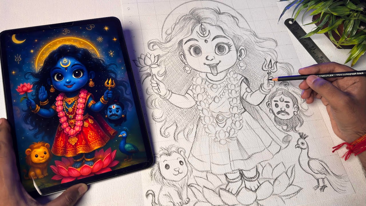 Cute Kali Mata Drawing,  Ma Kali Drawing,  Diwali Drawing,  Outline Tutorial 😍