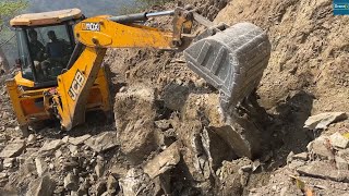 Flood of Rocks Rolling Down the Steep Hill-JCB Breaking Rocky Mountainside