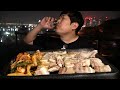 멋진 야경보며 삼겹살에 쏘주 한잔!! (Samgyeopsal & Soju at rooftop) 요리&먹방!! - Mukbang eating show