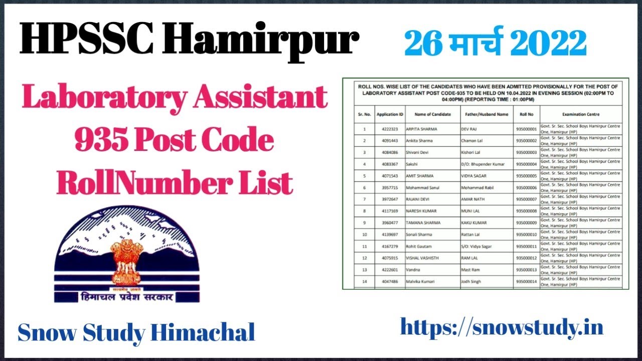 HPSSC Hamirpur Laboratory Assistant 935 Post Code Roll Number List Admit Card Total Candidates