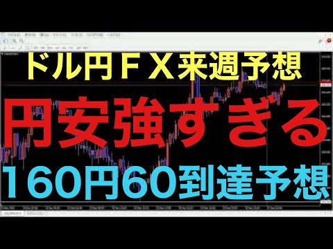 【ドル円FX予想最新】もう一生円安続くんじゃないかと思うぐらい、下がれば反発上昇がくる相場状況がずっと続いてる状況ですので、来週は直近高値越えて、160円60辺りまで上昇する予想です！
