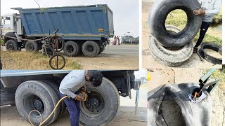 12 tyre tipper puncture easy fitting easy method