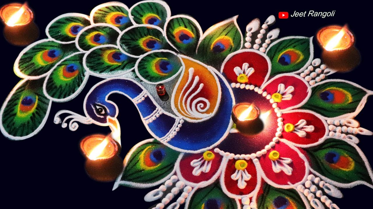 Diwali special beautiful peacock rangoli. Creative rangoli. - YouTube