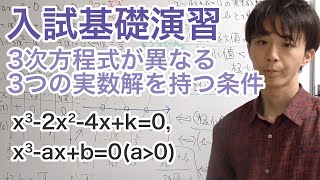 3次方程式が異なる3つの実数解を持つ条件［入試基礎　ワンポイント演習13］