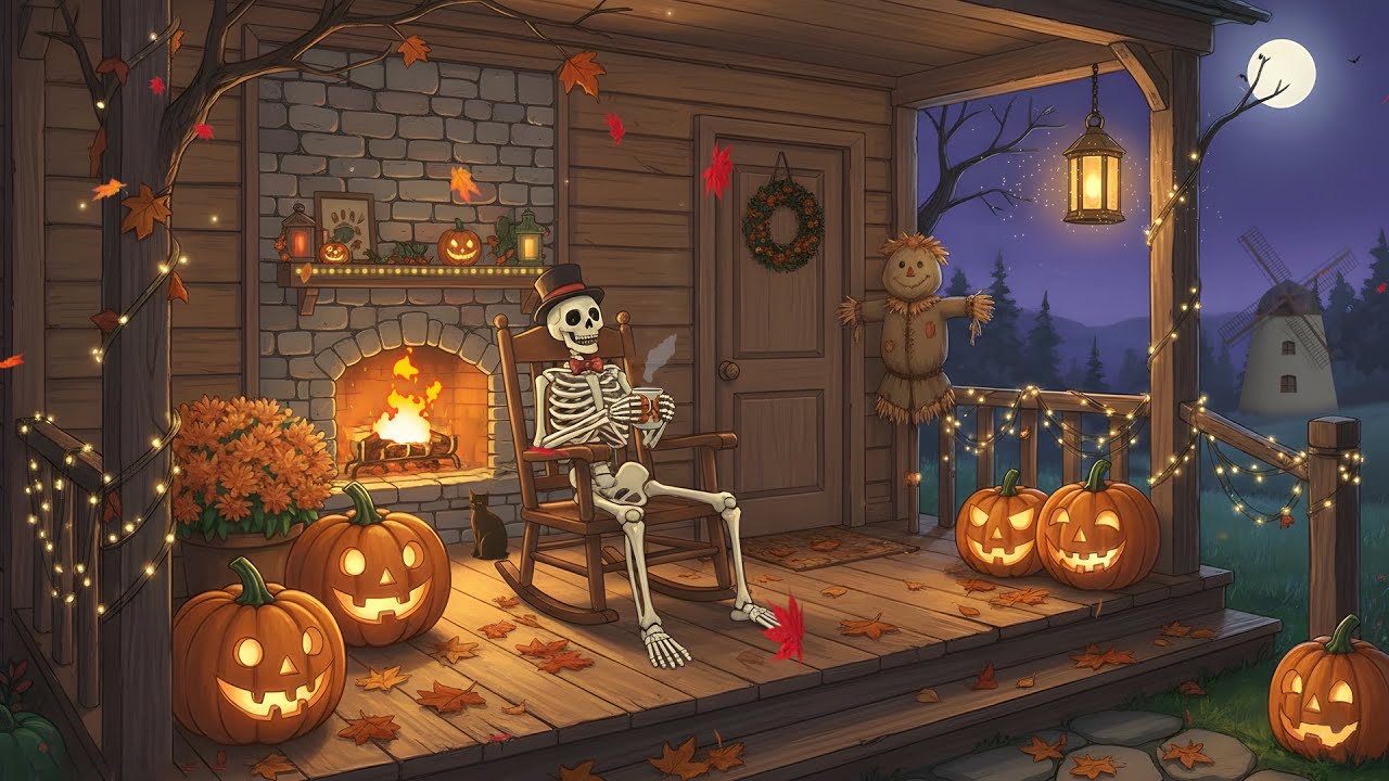 a cozy autumn porch halloween ambience 1950's with vintage oldies music playing in another room