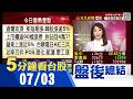 美股今晚休市一日 台股開低走高尾盤翻紅 無人機條例不擋了!朝野4版本全付委審查 塑化股復活!多檔亮紅燈 台化衝出第二根漲停.創近3年新高｜主播陳韋如｜【5分鐘看台股】20260703｜非凡財經新聞