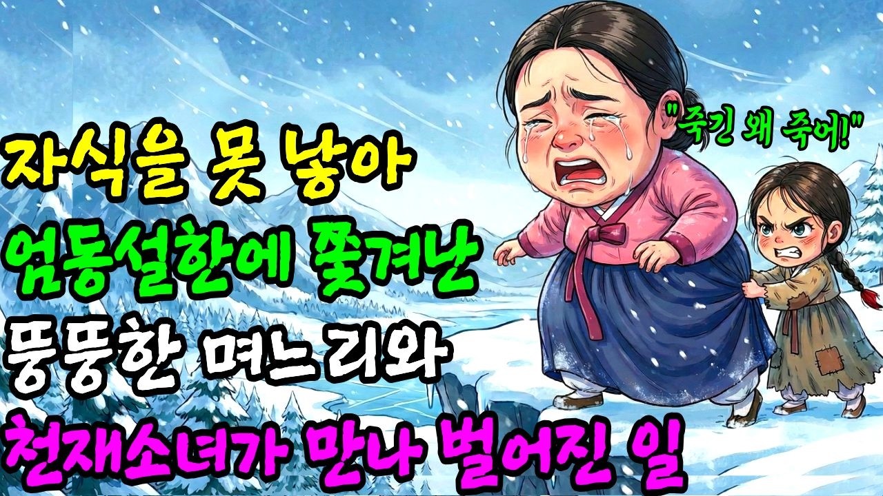 자식을 못 낳아 엄동설한에 쫓겨난 뚱뚱한 며느리가 벼랑 끝에서 부모잃은 천재소녀를 만나 믿기 힘든 일이 벌어지는데.. 옛날이야기|전설|야담