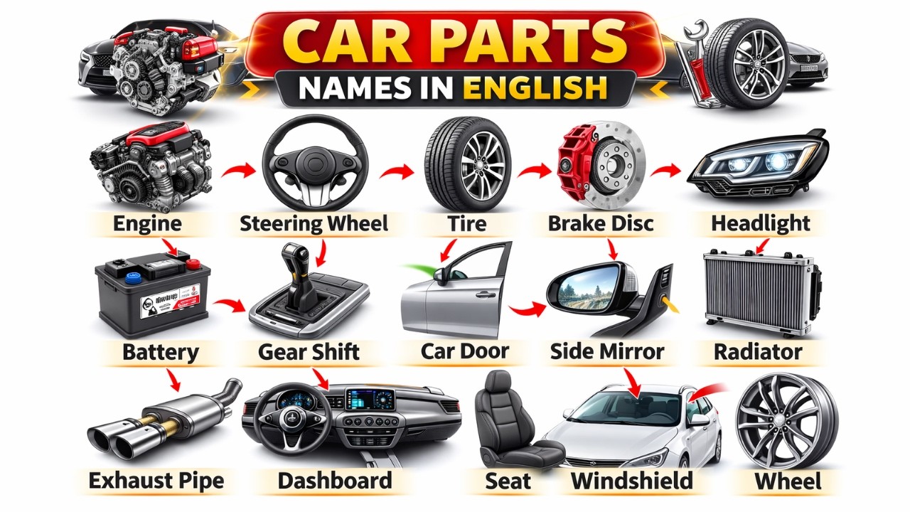 🚗📚 LEARN CAR PARTS IN ENGLISH — FAST & EASY | CAR PARTS VOCABULARY ...