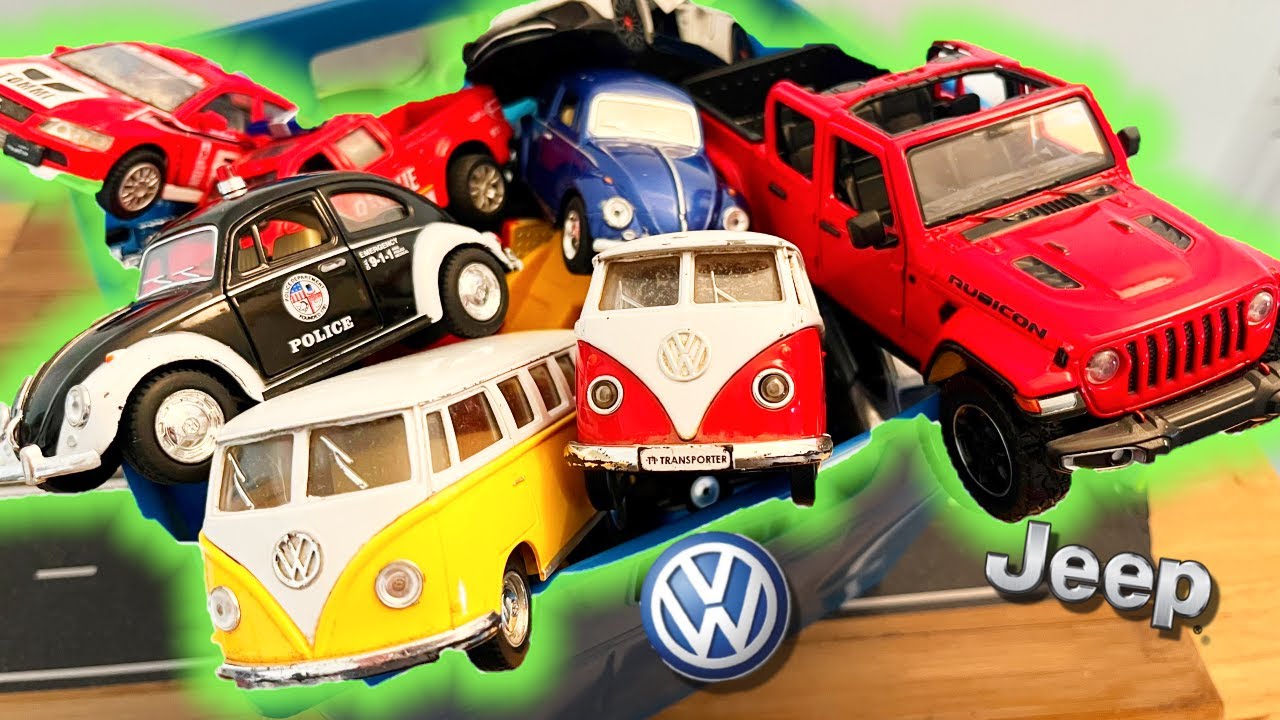 Box of Pull Back Cars, Diecast Model Police Cars Trucks Jeep, and a