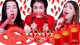 ASMR Eating Only One Color Food for 24 hours Challenge! Red Food By LiLiBu