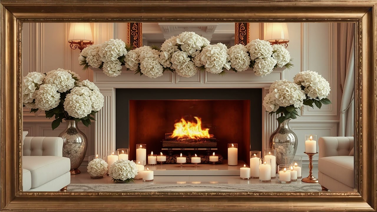 Gold framed Vintage fireplace art with Vivid flowers and candles.4k TV screensaver Relax Sleep Study