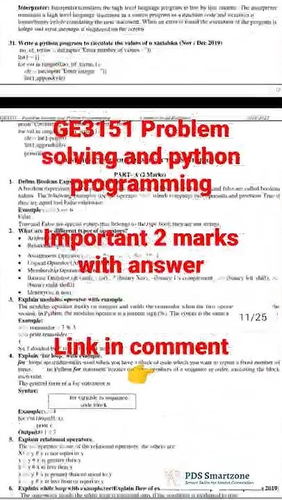 GE3151 Problem solving and python programmin Important 2 marks with ...