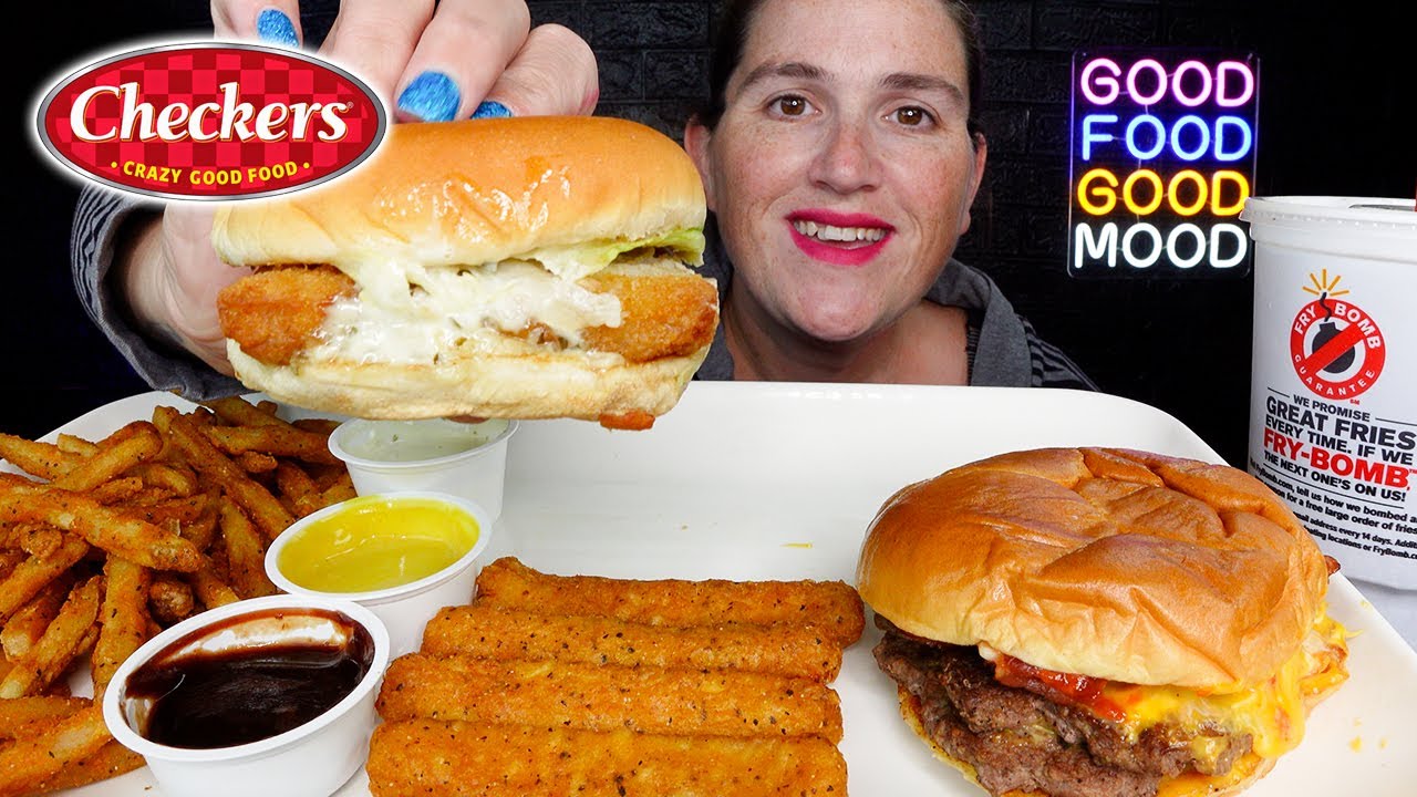 ASMR | CHECKER'S | BACONZILLA, FISH SANDWICH, FRIES | MUKBANG EATING ...