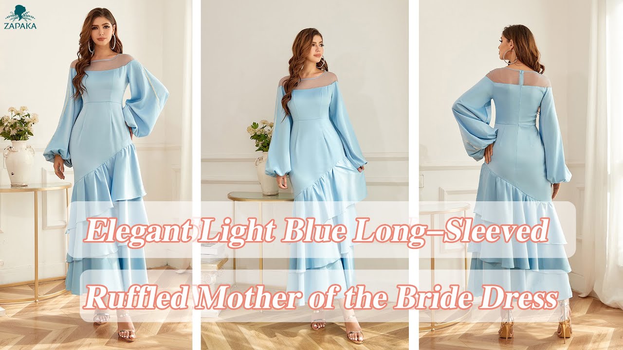 Elegant Light Blue Long-Sleeved Ruffled Mother of the Bride Dress | ZAPAKA 2022