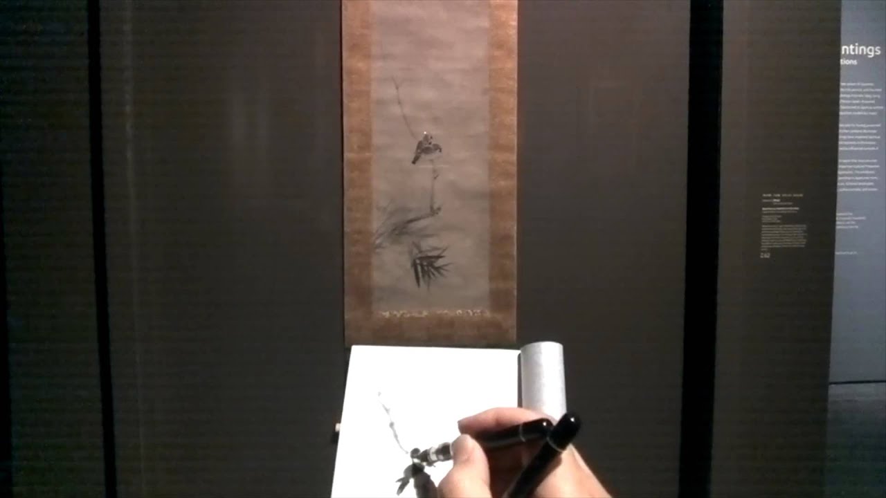 Henry copying a Chinese painting "Sparrows on the Bamboo" by Muqi at LACMA with Piston Waterbrush