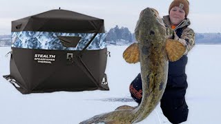 24 Hour Ice Camping for Big Eelpout! (Catch and Cook)