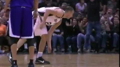 Manu Ginobili Catches (or destroy) a bat!! (in game broadcast)