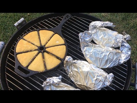 Grilled Cabbage Quarters with Cornbread and Sausage.