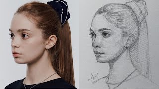 Mastering the drawing of a girl's face semiprofiled with Loomis method