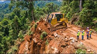 WOW! Powerful Excavator Clearing Brush on Cliff Edge Mountain Construction