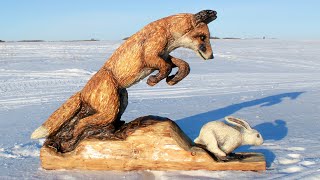 Watch a Chainsaw Artist Carve an Epic Artwork From a Log - “Survival” Fox & Rabbit Chase Sculpture