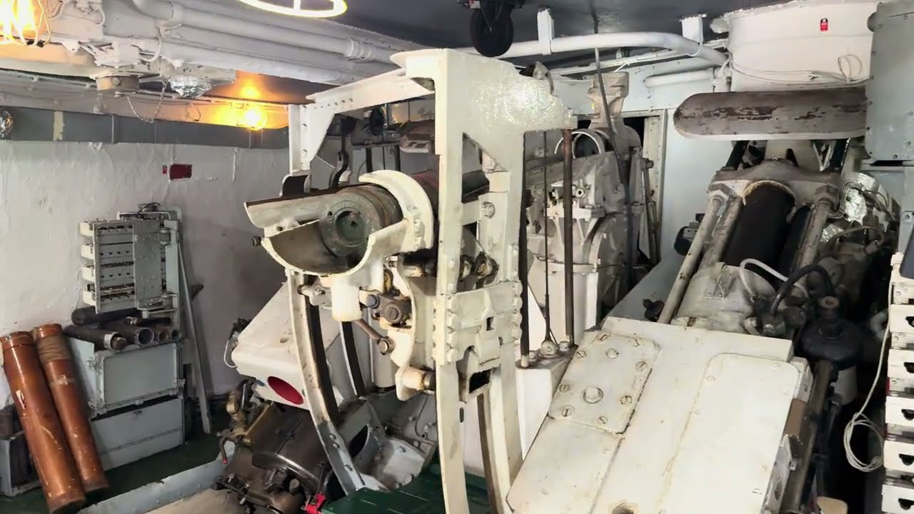 Inside or the rear turret of the light cruiser HMS Belfast.