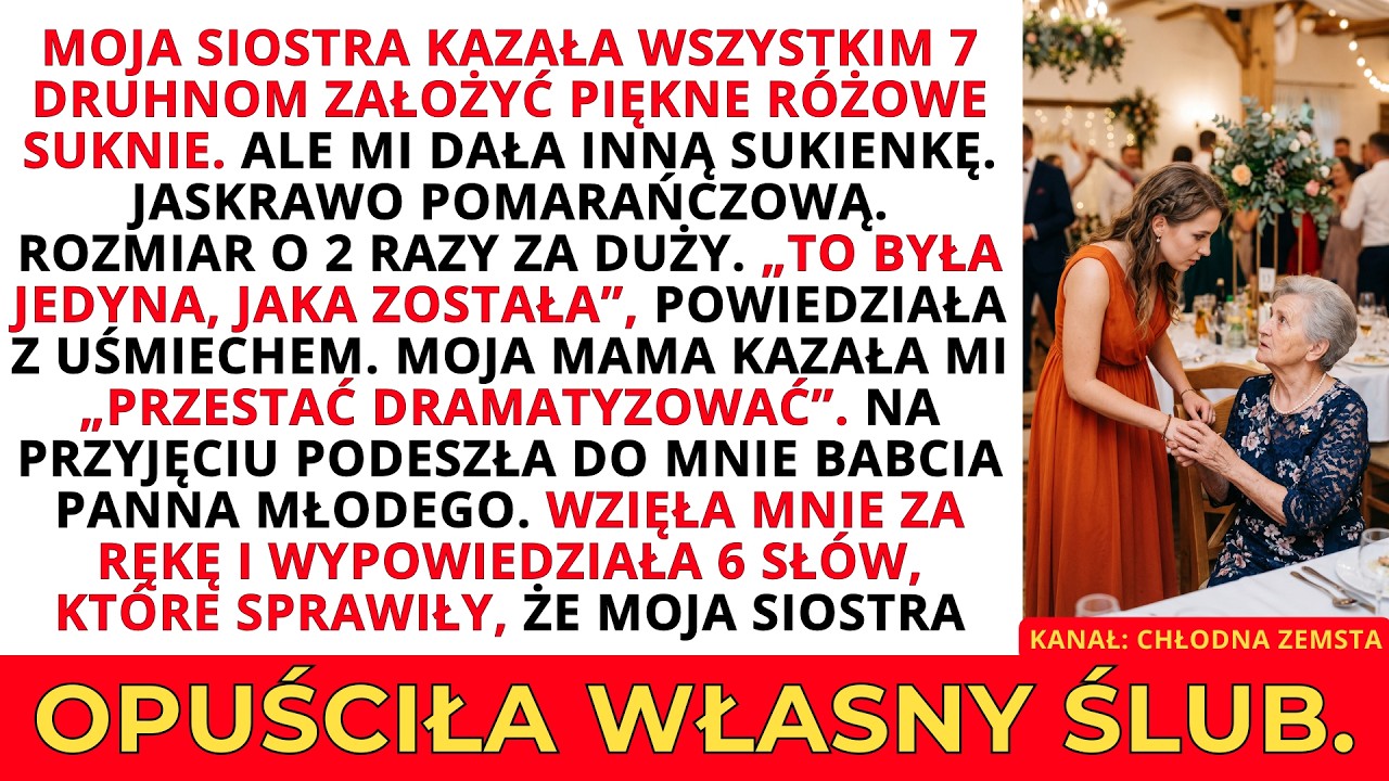 Usiadłam przy stole weselnym mojej siostry w sukience w kolorze odblaskowej kamizelki drogowca, dwa rozmiary za dużej, podczas gdy wszystkie inne druchny miały idealne różowe kreacje. Zadzwoniłam...